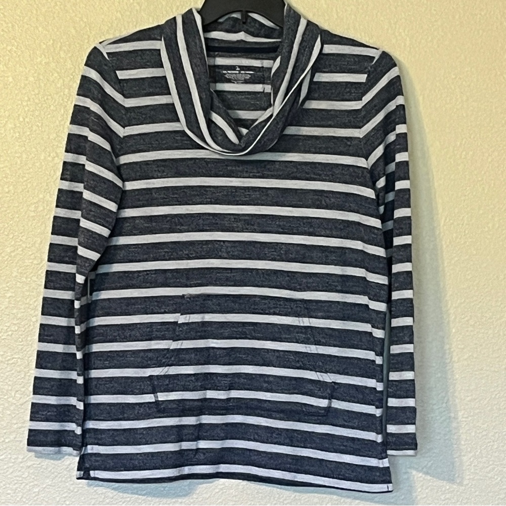 Sonoma Women’s L Blue & White Striped Cowl Neck Long Sleeve Top w/ Front Pocket